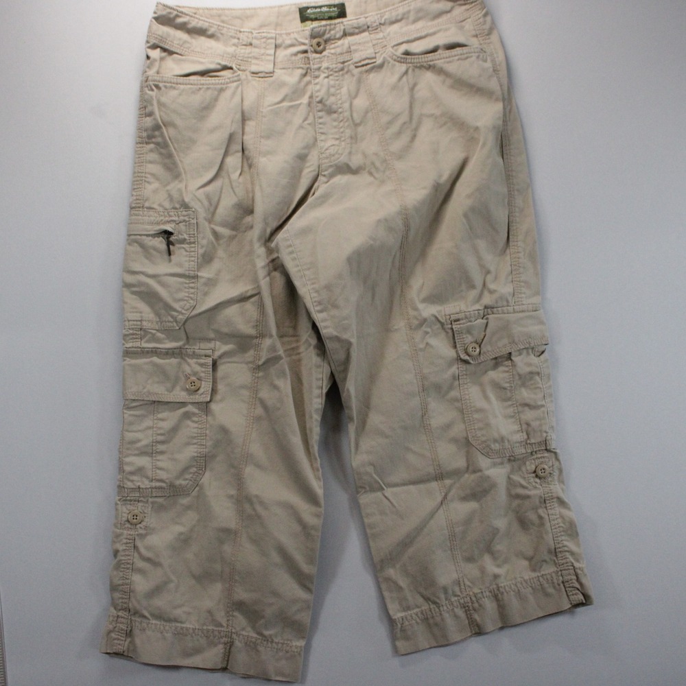 Eddie Bauer Organic Cotton Cargo Capri Pants Khaki Hiking Fishing Utility Size 8
